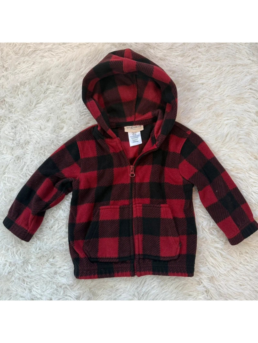 Toughskins Toddler Fleece Hooded Zip Jacket Red Black Buffalo Plaid Check 18M